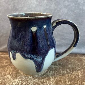 Art Pottery Coffee Mug Artist Signed Blue & White Drip Glaze **See Description**